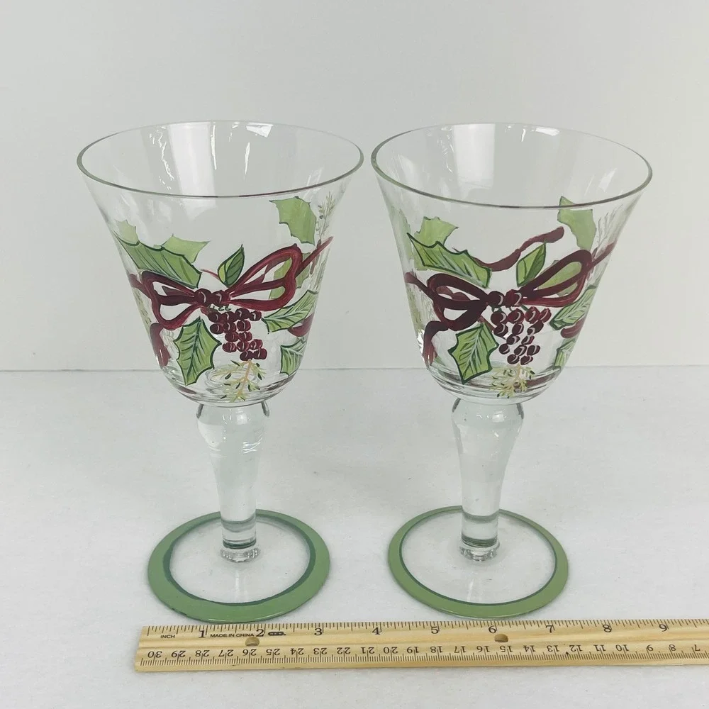 Hand Painted Christmas Holly Berry Wine Glasses Set of 2 Holiday Goblets 8.5